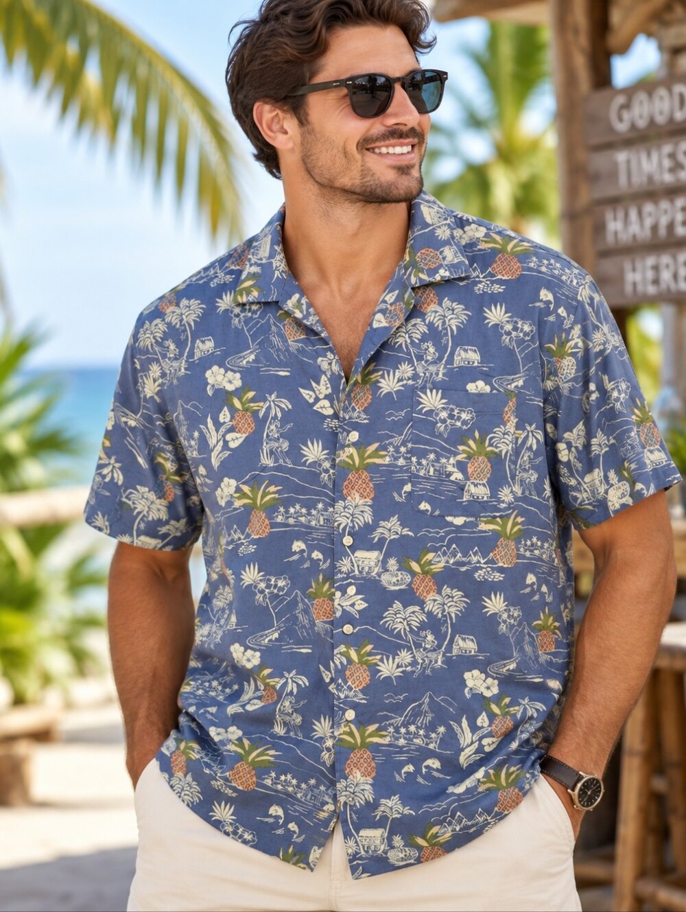 🌺 JACHS New York Blue Hawaiian Pineapple Camp Shirt – Men’s XL